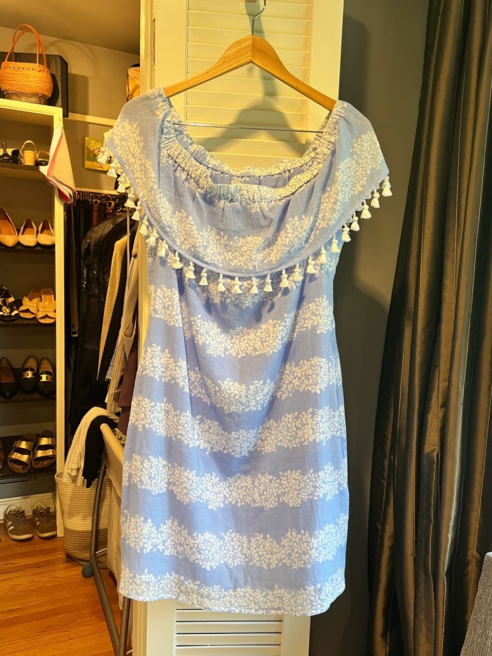 Sail to Sable Blue and White Off-Shoulder Tassel Stripe Dress